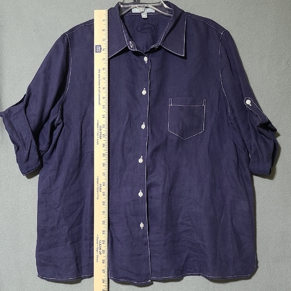 FOXCROFT Women's Navy Blue 100% Linen Casual Button Up Blouse - Size 16W - Picture 5 of 13